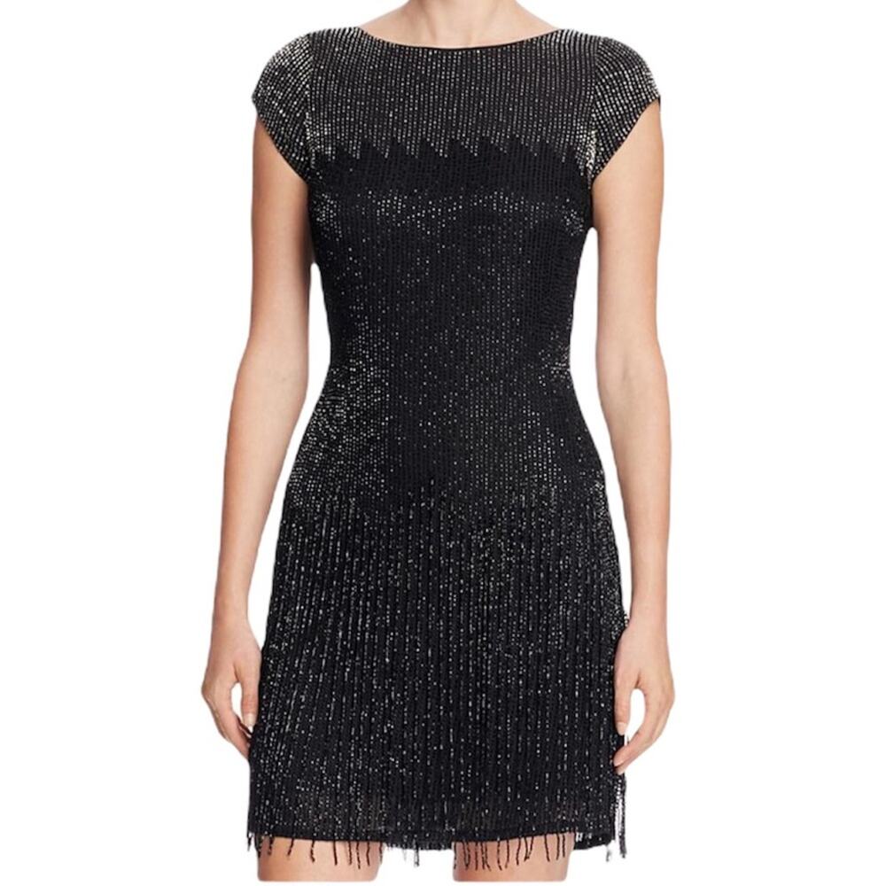Aidan Mattox Black Beaded Fringe Embellished Cocktail Dress Size 2